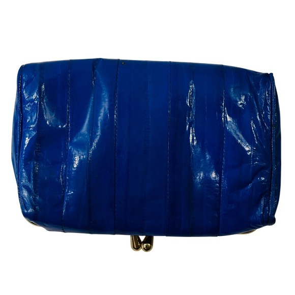 Vintage Coin Purse Eel Skin Clam Shell Make Up Bag Kiss Lock Frame Mirrored Blue - Picture 10 of 15